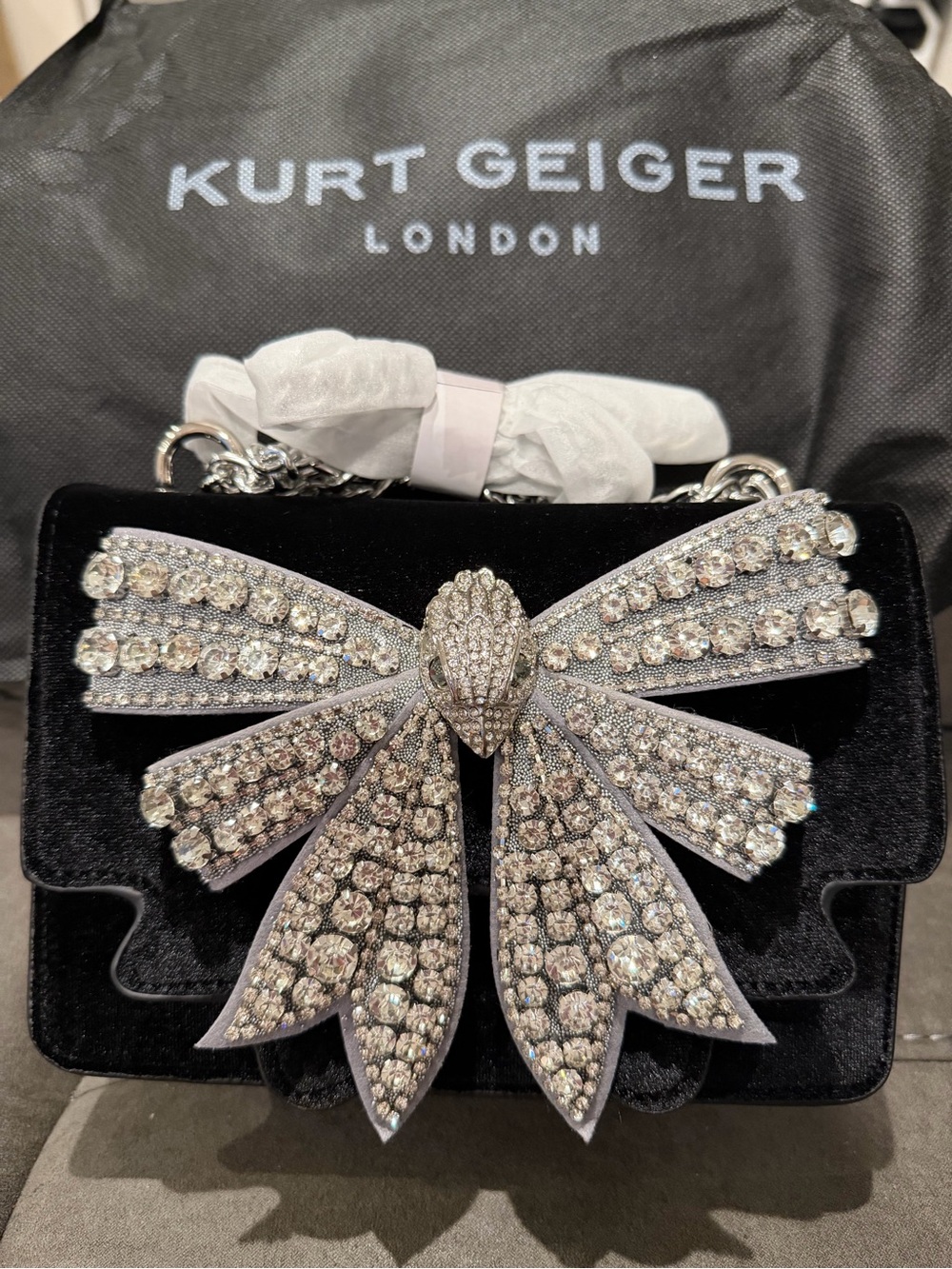 New Kurt Geiger Black Velvet Mini Bag with Crystal Bow Accent - Picture 2 of 9